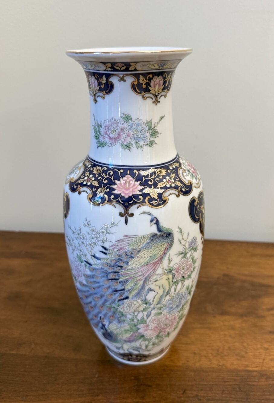 Vintage Japan Porcelain Peacock Floral Vase Cobalt Blue Gold Gilt 10.625"